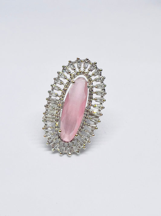Rose Quartz (Rhodium-Plated) AD Ring (Adjustable)
