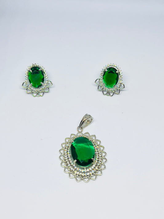 Emerald Green AD Pendant With Earrings