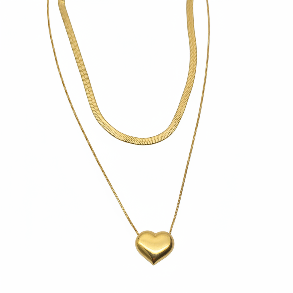 Layered Heart Charm with Snake Chain - Catalog Style